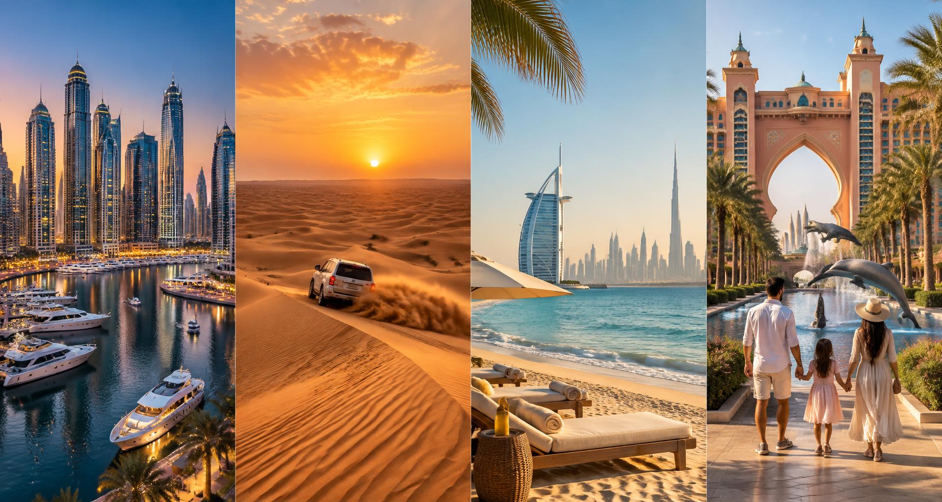Four Dubai experiences including the marina, desert, beach and attractions